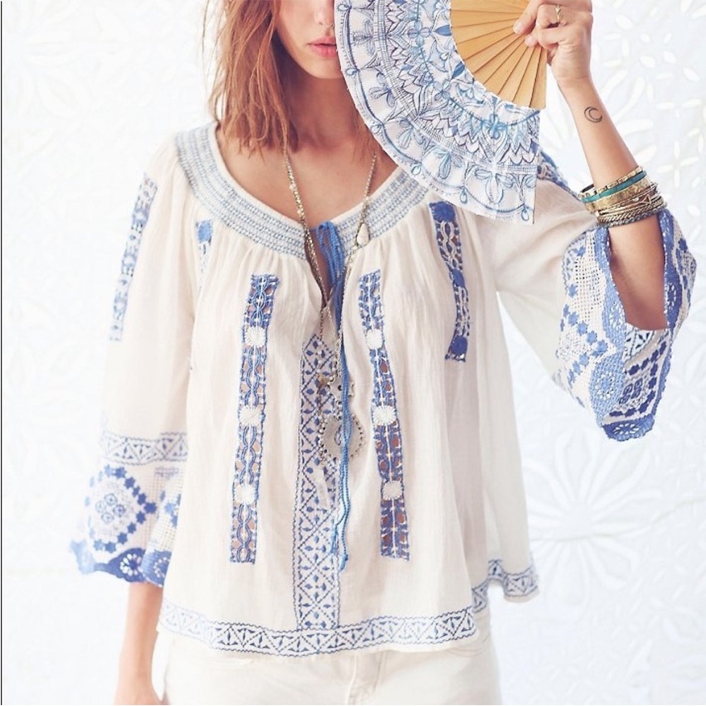 FREE PEOPLE The Silver Spring Embroidered Lace Blouse Smocked & Tassle Tie SZ: S